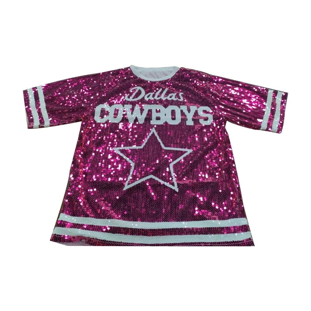 one size / 1 New Arrival nfl Style Blue Party Dresses Sequin pink ribbon Dallas Cowboys Dress Women sequins long t shirt dress