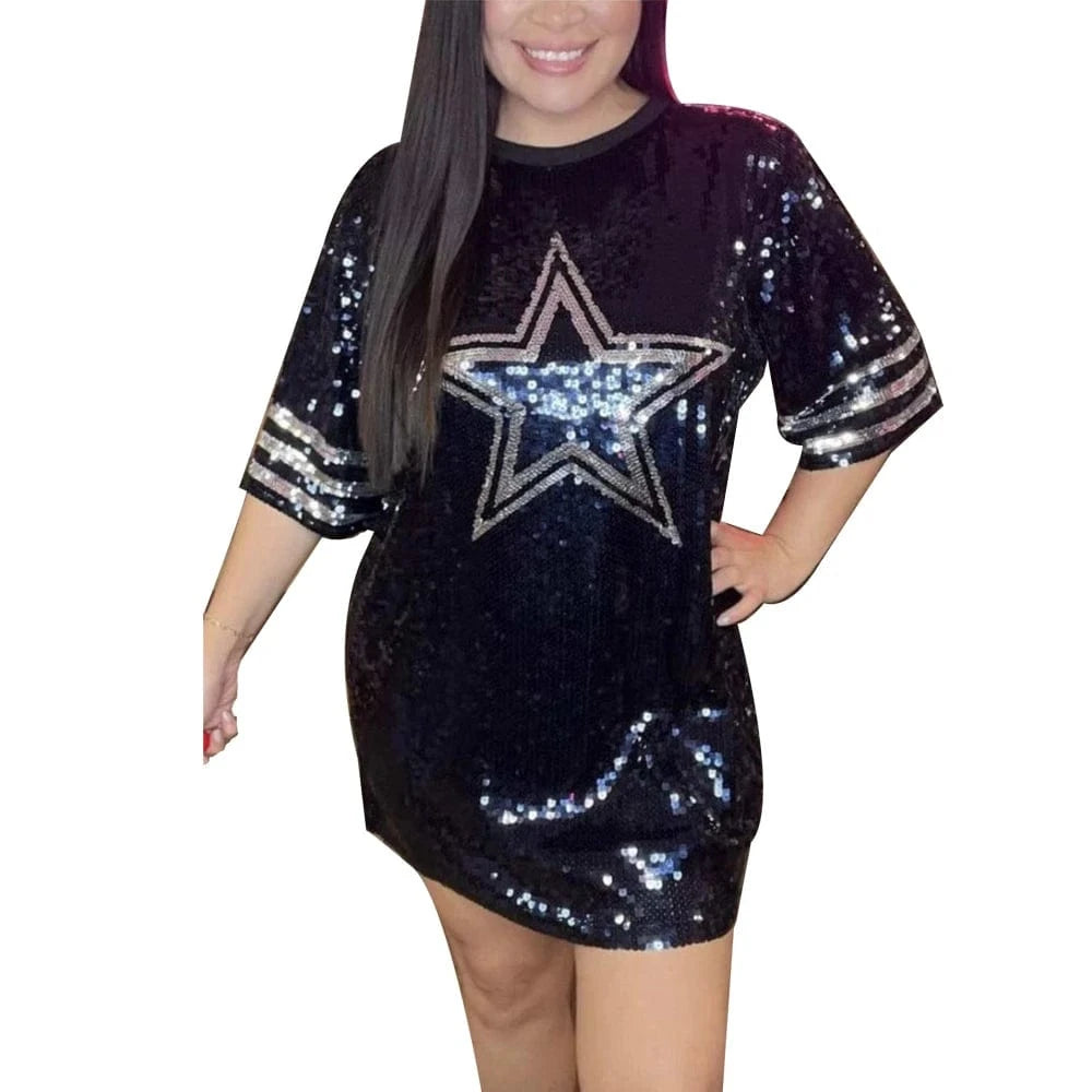 one size / 1 new design  nfl Style dark Blue Party Dresses Sequin Dallas Cowboys fashion casual dress Women sequins long t shirt dress