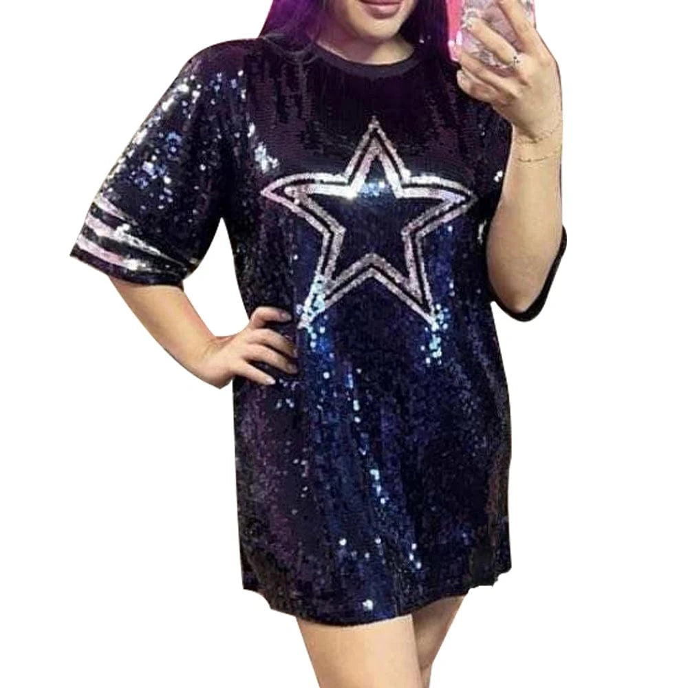 one size / 1 new design  nfl Style dark Blue Party Dresses Sequin Dallas Cowboys fashion casual dress Women sequins long t shirt dress