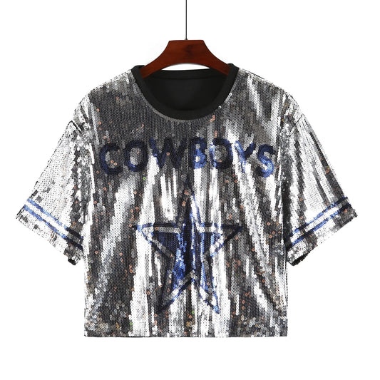 one size / 1 / Polyester new custom nfl cowboys shirts girl sexy sequins short t shirt  women sequins crop top