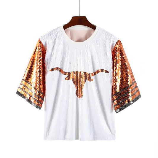one size / 1 / Polyester Oversize plus size longhorn Women Casual Fashion Bling Sequins T-Shirts Girl's Sexy Loose Short Sleeve sequins t shirt