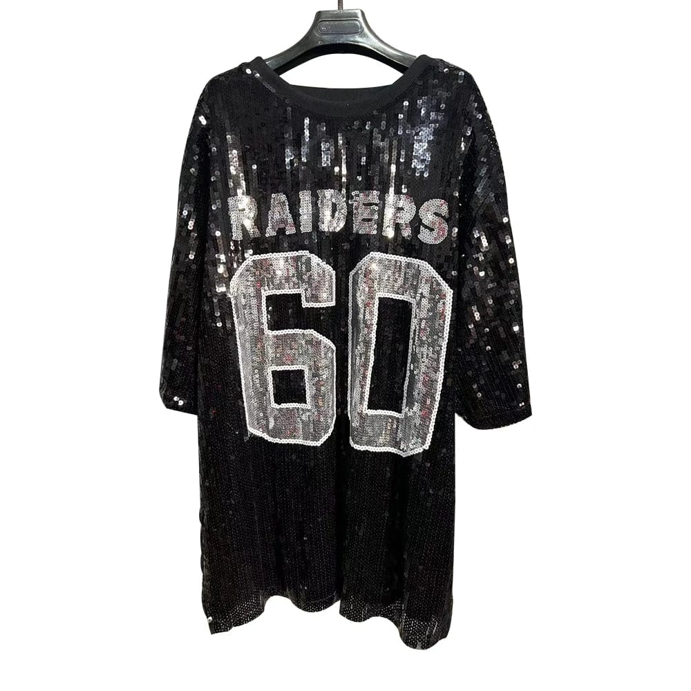 one size / 1 / Polyester Oversize Style Nfl raiders Women Casual Fashion Bling Sequins T-Shirts Girl's Sexy Loose Short Sleeve Long T Shirt dre