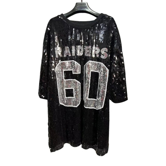 one size / 1 / Polyester Oversize Style Nfl raiders Women Casual Fashion Bling Sequins T-Shirts Girl's Sexy Loose Short Sleeve Long T Shirt dre