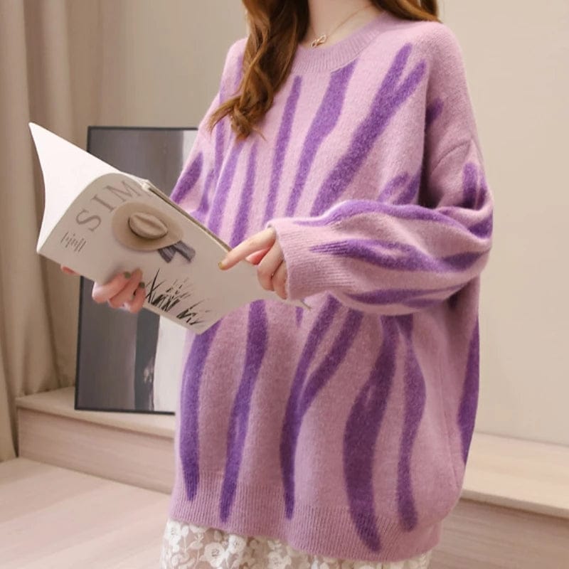 One size / 2 Stripe Sweater Women Pullover Sweet Knit Casual Jumper Print Knitwear Loose Long Sleeve Sueter De Mujer