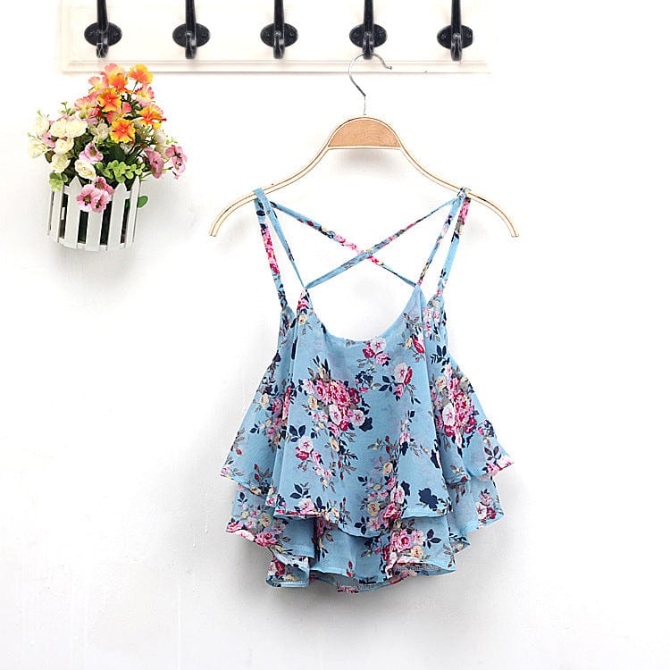 one size / 3 Blue Cute Floral Print Women Tank Top Summer Style Sexy Spaghetti Strap Girls Casual Tops Women Double Chiffon Vest E919