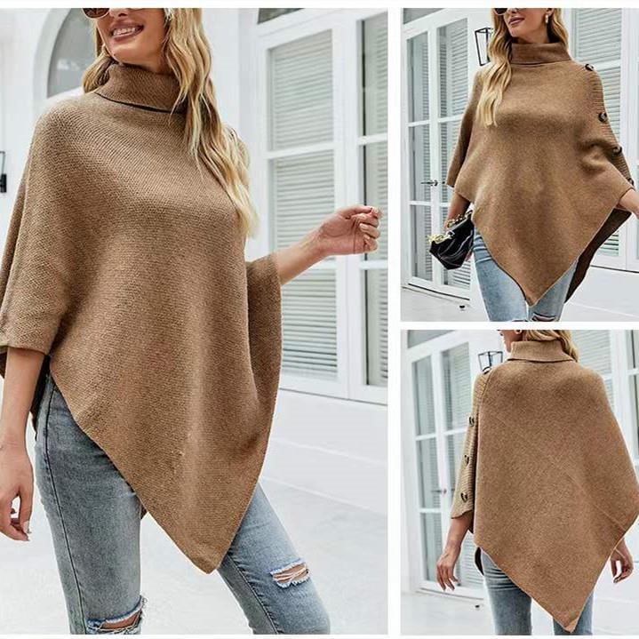 One size Autumn and Winter New Shawl Cloak Sweater Solid High Neck Knit Coat
