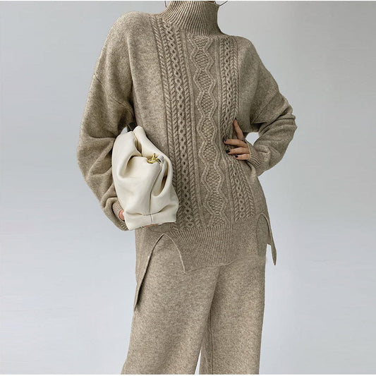 One size  Autumn/Winter Knit Set Casual loose Fried Dough Twists high neck wide leg pants sweater two-piece set
