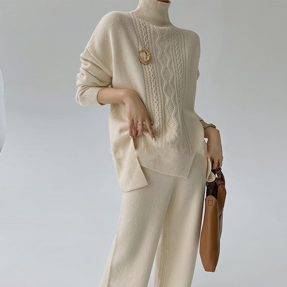 One size  Autumn/Winter Knit Set Casual loose Fried Dough Twists high neck wide leg pants sweater two-piece set