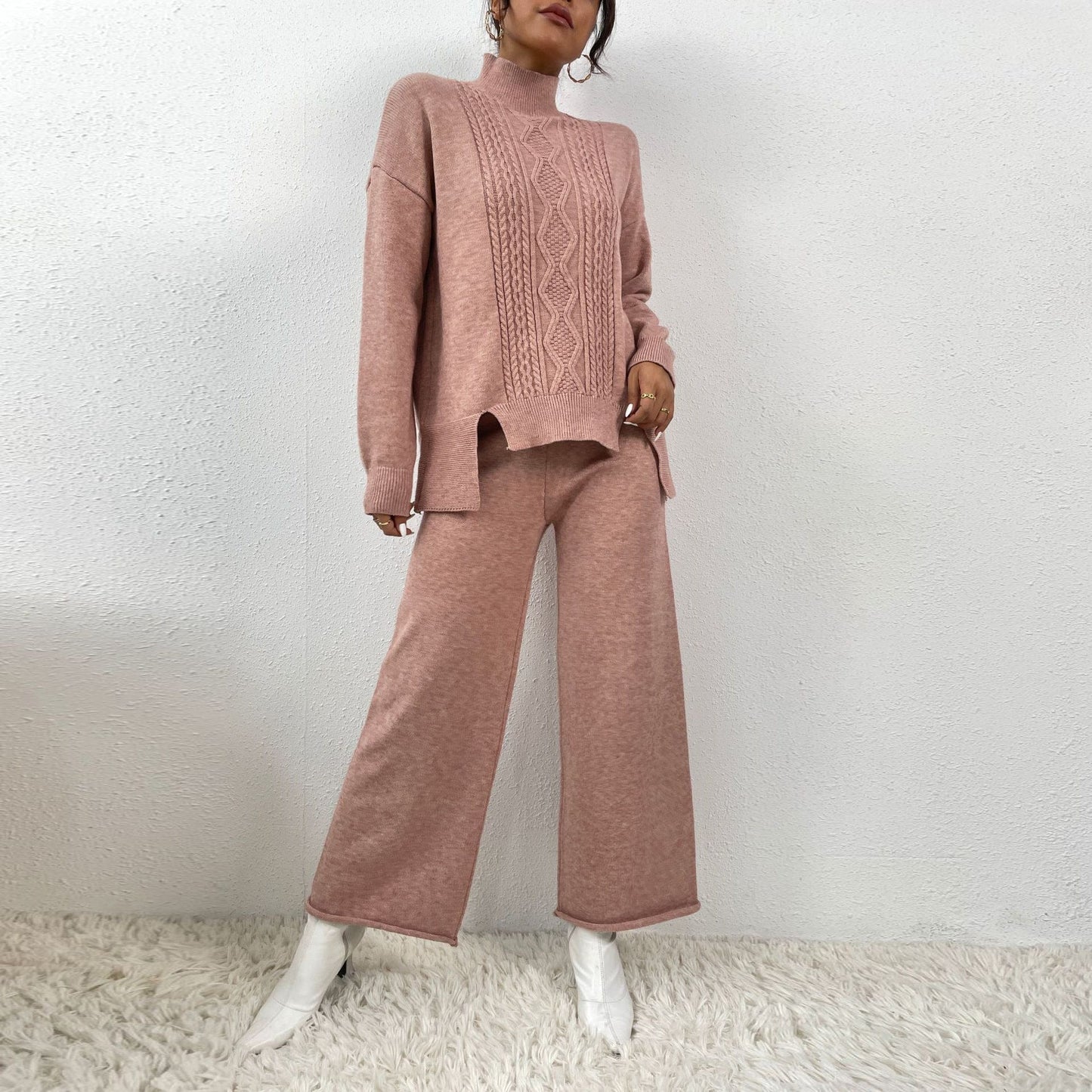One size  Autumn/Winter Knit Set Casual loose Fried Dough Twists high neck wide leg pants sweater two-piece set