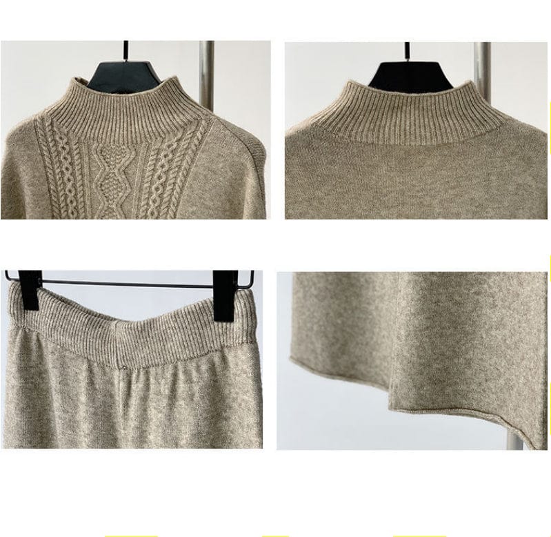 One size  Autumn/Winter Knit Set Casual loose Fried Dough Twists high neck wide leg pants sweater two-piece set