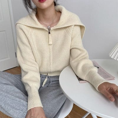 One size / Beige Slim Girls Soft Cotton Knitted Hoodies Fashion Ladies Elegant Bomb Sweatshirts Casual Female Knitwear Vintage Women Chic sweater