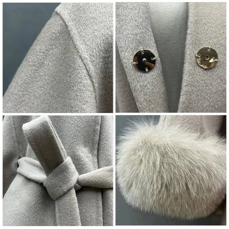 One Size / Beige Winter Fashion Solid Color Poncho Women Fox Fur Collar Cuffs Cape Coat with Belt