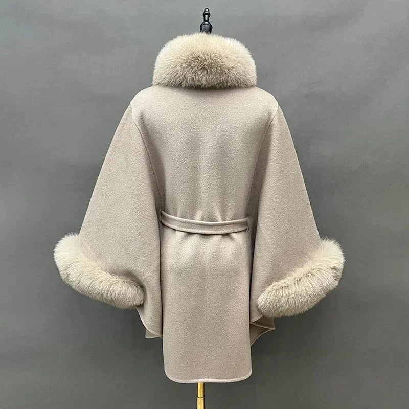 One Size / Beige Winter Fashion Solid Color Poncho Women Fox Fur Collar Cuffs Cape Coat with Belt
