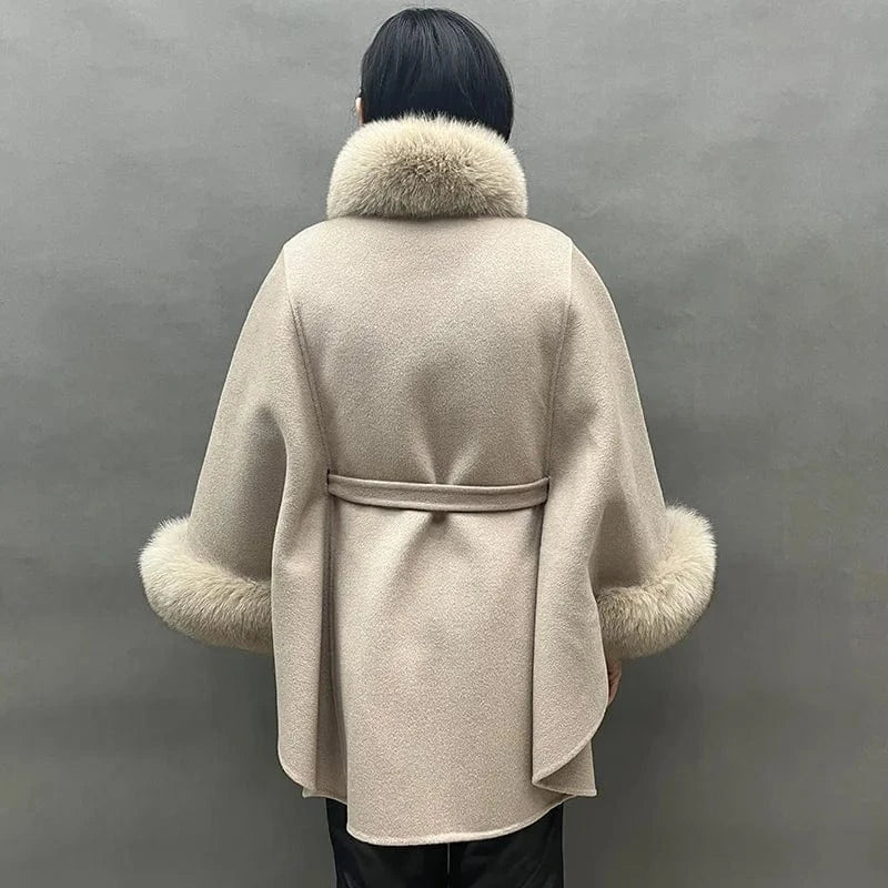 One Size / Beige Winter Fashion Solid Color Poncho Women Fox Fur Collar Cuffs Cape Coat with Belt