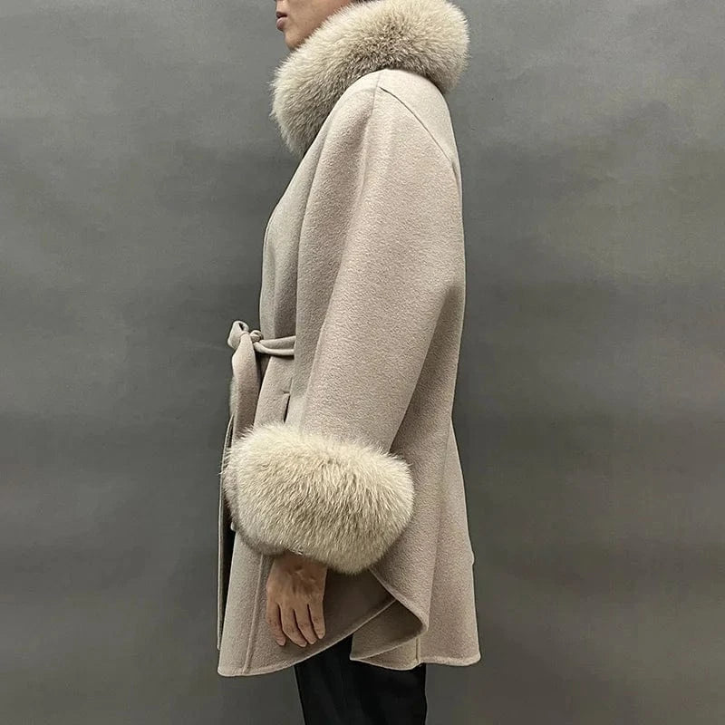 One Size / Beige Winter Fashion Solid Color Poncho Women Fox Fur Collar Cuffs Cape Coat with Belt