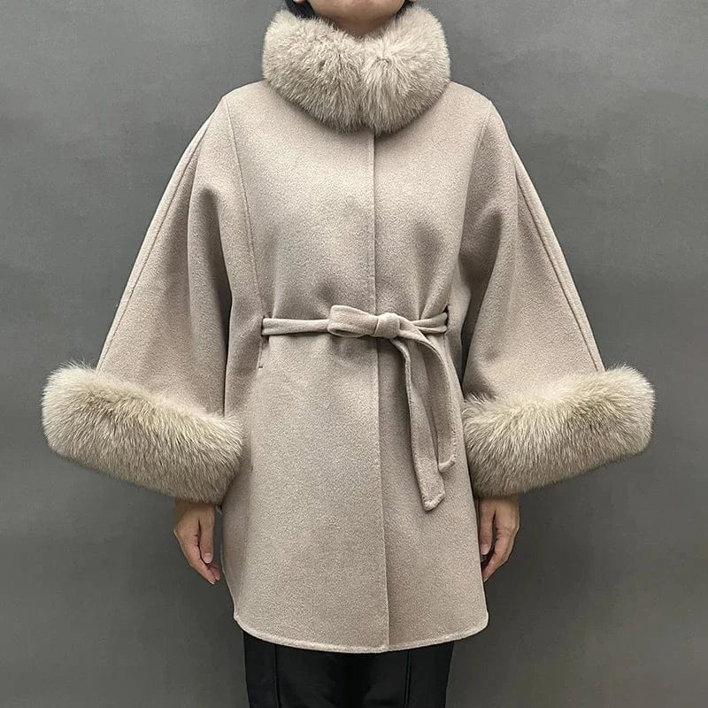 One Size / Beige Winter Fashion Solid Color Poncho Women Fox Fur Collar Cuffs Cape Coat with Belt