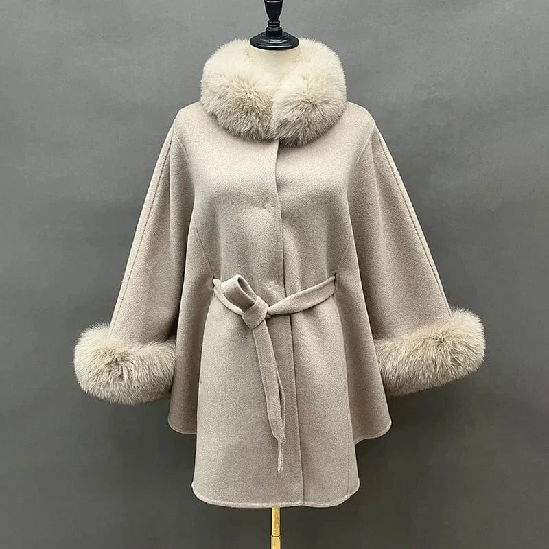 One Size / Beige Winter Fashion Solid Color Poncho Women Fox Fur Collar Cuffs Cape Coat with Belt