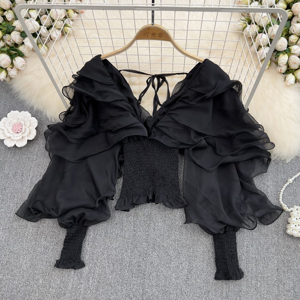 One Size / black 2022 Spring New Retro Sexy Long Sleeve Blouse V-neck Shirt Tight Waist Ladies' Chiffon Shirt Fashion Short Top for Women