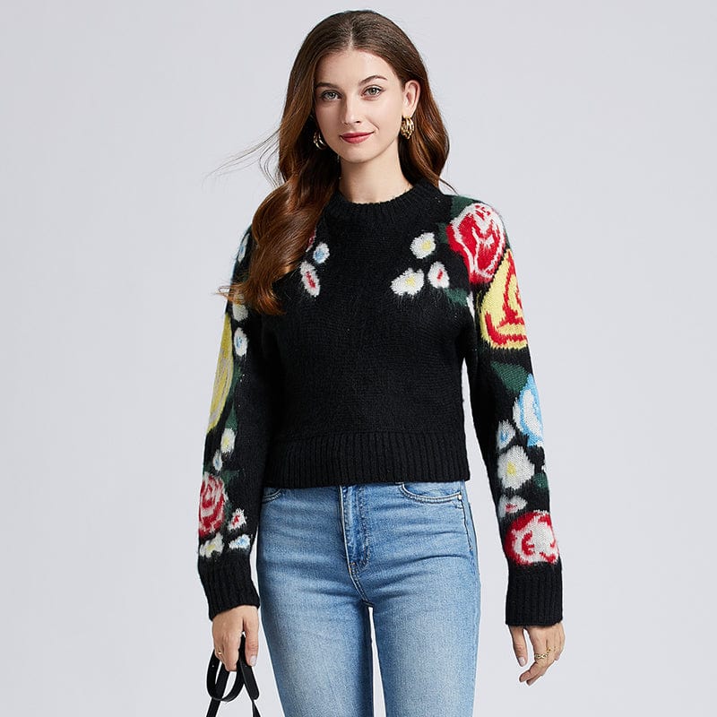 one size / black Autumn and winter new rose jacquard horse sea hair sweater temperament high waist short jacket OS5335063