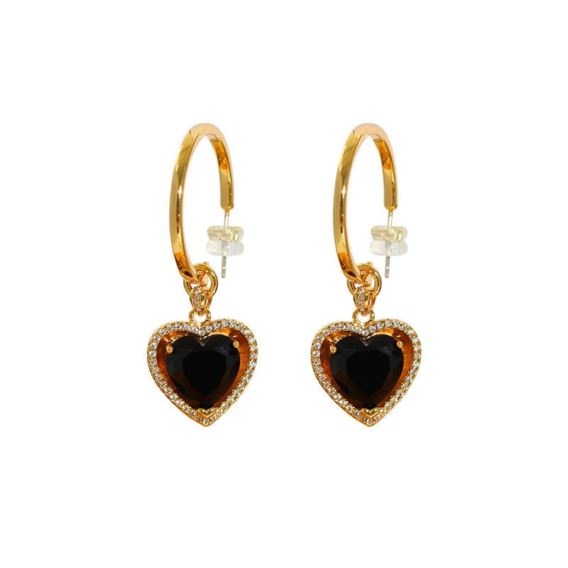 one size / black IVIAPRO New Arrival Fashion Brass 18K Gold Plated Red Heart Zircon Hoop Earrings For Women