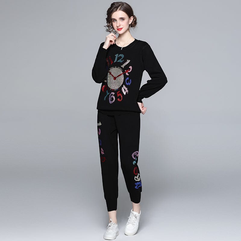 one size / black LDY6681078 new European and American round neck sweater clock hot drilling sweater + foot pants suit