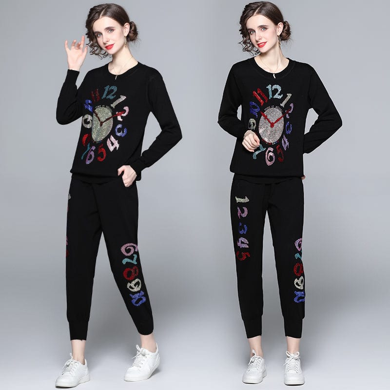 one size / black LDY6681078 new European and American round neck sweater clock hot drilling sweater + foot pants suit