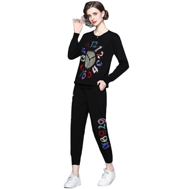 one size / black LDY6681078 new European and American round neck sweater clock hot drilling sweater + foot pants suit