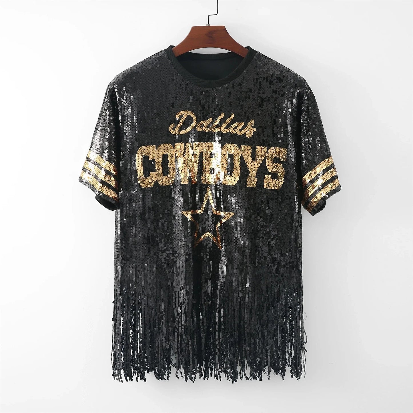 one size / Black new design  nfl Style  Party fringe t shirts Sequin Dallas Cowboys fashion crop top Women tassels sequins short top