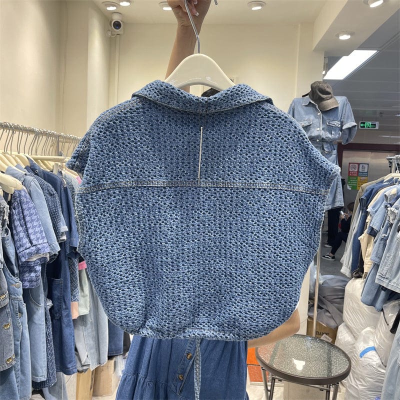 one size / Blue New Streetwear Summer Vintage Unique Sleeveless Lace Up Washed Denim Jeans Shirt Blouse Casual Women Tops Ladies' Blouses