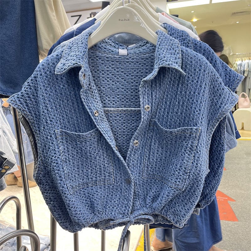 one size / Blue New Streetwear Summer Vintage Unique Sleeveless Lace Up Washed Denim Jeans Shirt Blouse Casual Women Tops Ladies' Blouses