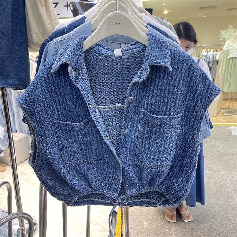 one size / Blue New Streetwear Summer Vintage Unique Sleeveless Lace Up Washed Denim Jeans Shirt Blouse Casual Women Tops Ladies' Blouses