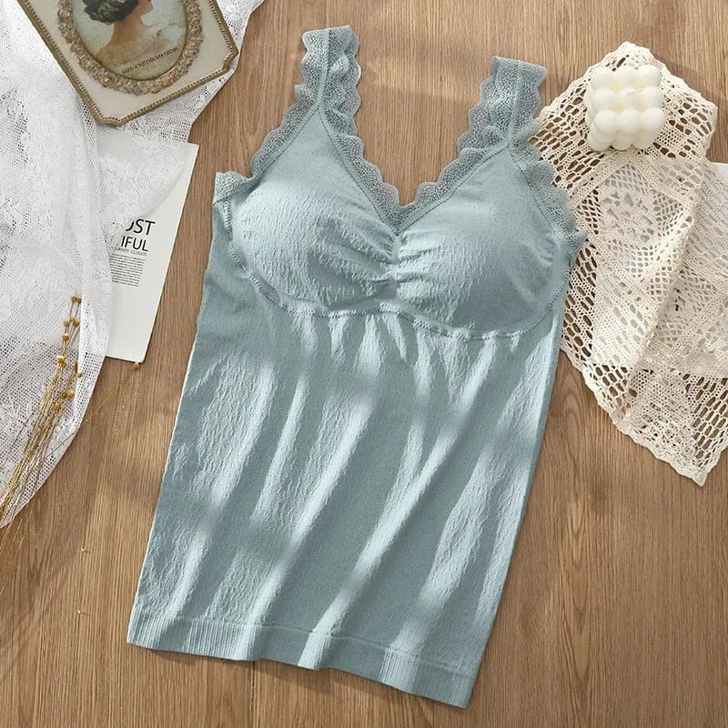 One Size / Blue Sexy Built in Bra Tank Top Seamless Underwear Beauty Back Solid Sleeveless Long Vest Padded Crop Tops Bandeau Women Camisoles