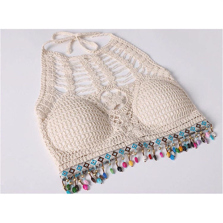 One size Bohemian ethnic style halter top Suspended lace up hollowed out bra embroidery knitted short women's top