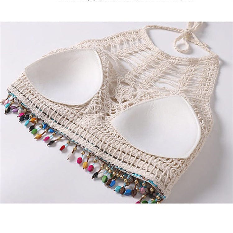One size Bohemian ethnic style halter top Suspended lace up hollowed out bra embroidery knitted short women's top