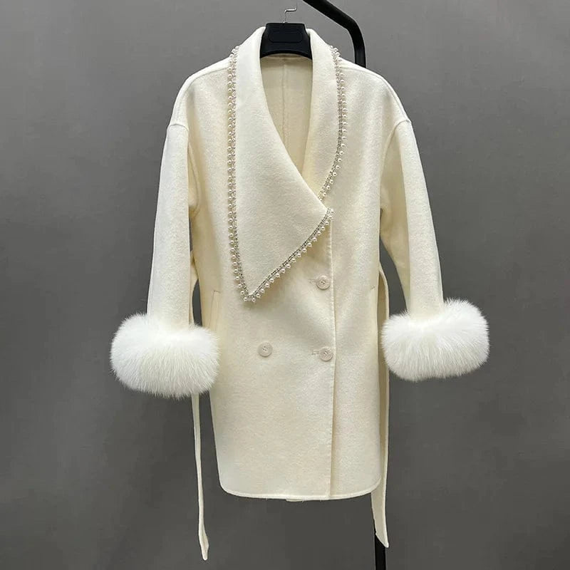 One Size Bust 102cm / Beige Luxury Winter Warm Sheep Wool Fur Coat Women Genuine Cashmere Wool Coat with Fur Trim