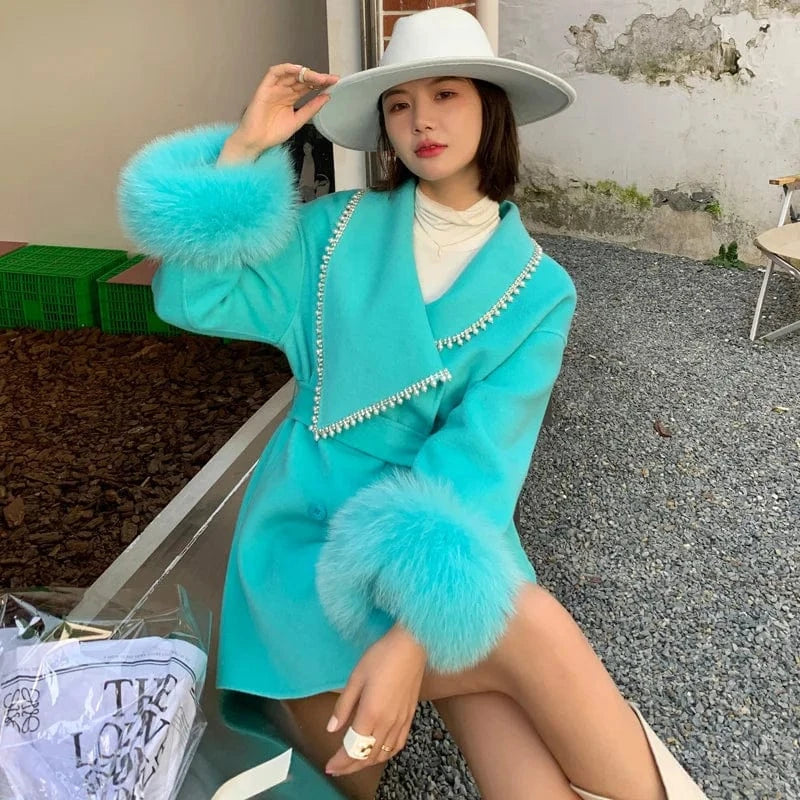 One Size Bust 102cm / Blue Luxury Winter Warm Sheep Wool Fur Coat Women Genuine Cashmere Wool Coat with Fur Trim