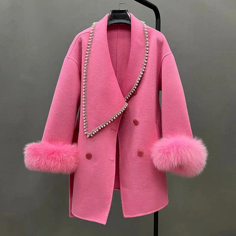 One Size Bust 102cm / Hot Pink Luxury Winter Warm Sheep Wool Fur Coat Women Genuine Cashmere Wool Coat with Fur Trim