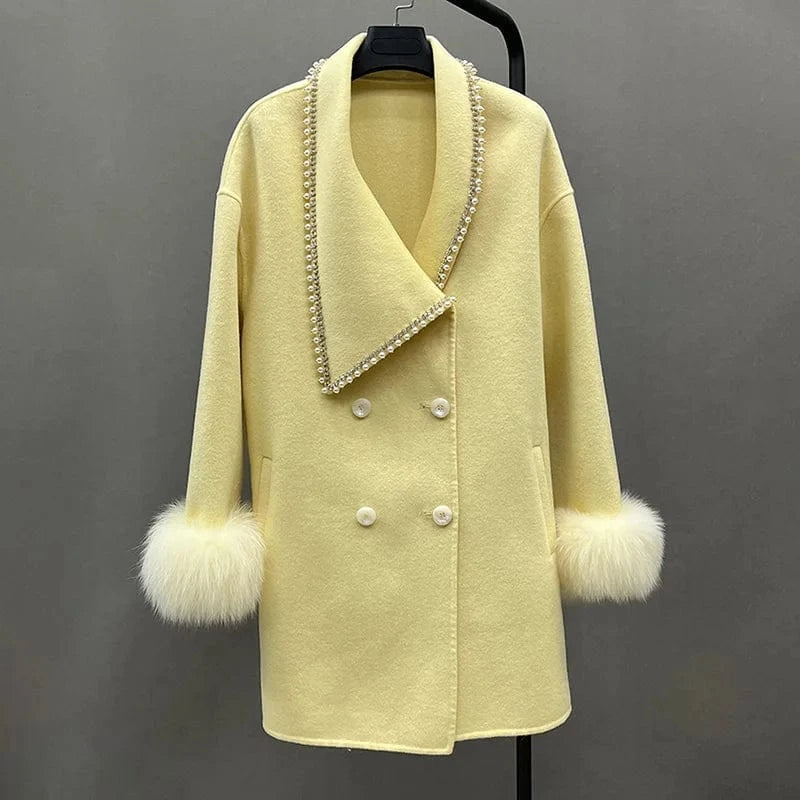 One Size Bust 102cm / Yellow Luxury Winter Warm Sheep Wool Fur Coat Women Genuine Cashmere Wool Coat with Fur Trim