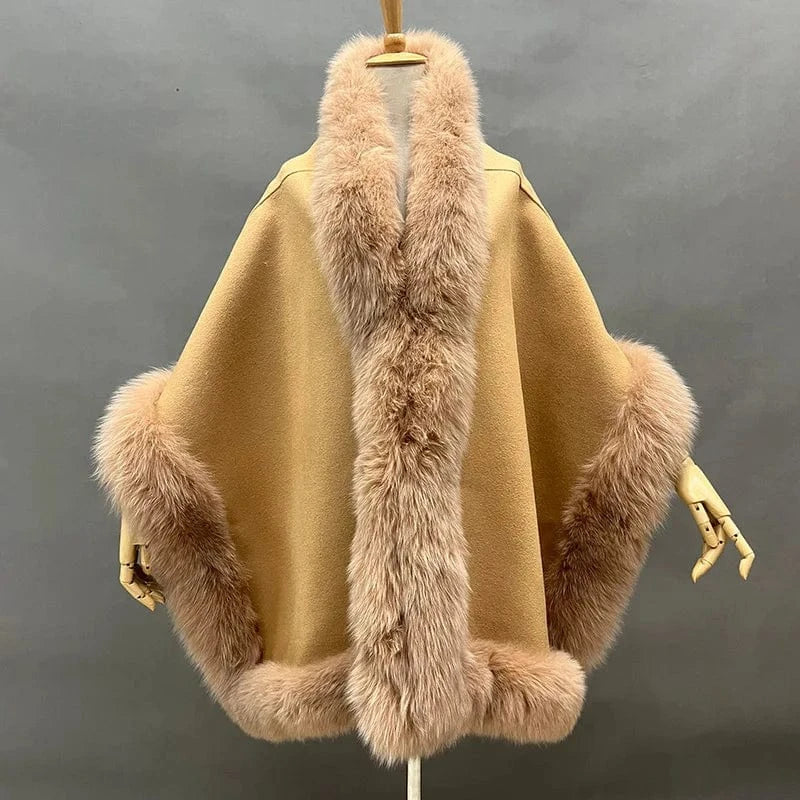 One Size / Camel High Quality Wool Cape Real Fox Fur Trimming Shawls Elegant Wool Ponchos for Women