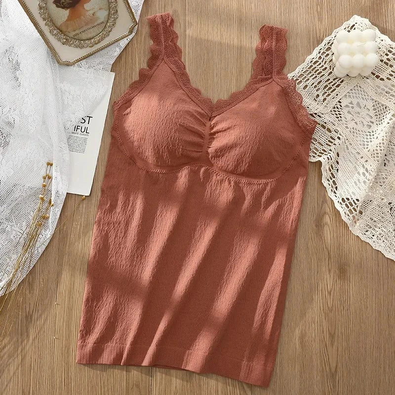 One Size / Caramel Sexy Built in Bra Tank Top Seamless Underwear Beauty Back Solid Sleeveless Long Vest Padded Crop Tops Bandeau Women Camisoles