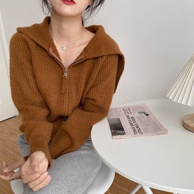 One size / Coffee Slim Girls Soft Cotton Knitted Hoodies Fashion Ladies Elegant Bomb Sweatshirts Casual Female Knitwear Vintage Women Chic sweater