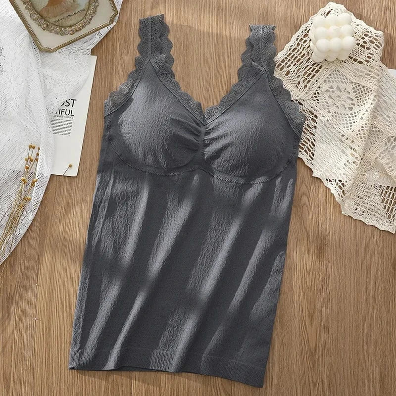 One Size / Dark Gray Sexy Built in Bra Tank Top Seamless Underwear Beauty Back Solid Sleeveless Long Vest Padded Crop Tops Bandeau Women Camisoles