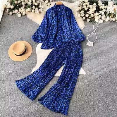 One size Fashion print set  lantern sleeve half high collar loose fitting shirt cardigan+wide leg pleated pants two-piece set