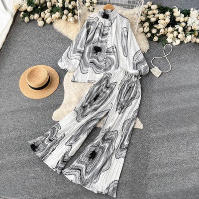 One size Fashion print set  lantern sleeve half high collar loose fitting shirt cardigan+wide leg pleated pants two-piece set