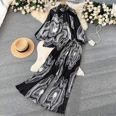 One size Fashion print set  lantern sleeve half high collar loose fitting shirt cardigan+wide leg pleated pants two-piece set