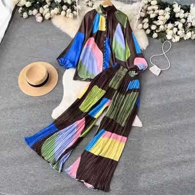 One size Fashion print set  lantern sleeve half high collar loose fitting shirt cardigan+wide leg pleated pants two-piece set