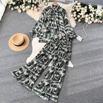 One size Fashion print set  lantern sleeve half high collar loose fitting shirt cardigan+wide leg pleated pants two-piece set