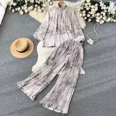 One size Fashion print set  lantern sleeve half high collar loose fitting shirt cardigan+wide leg pleated pants two-piece set