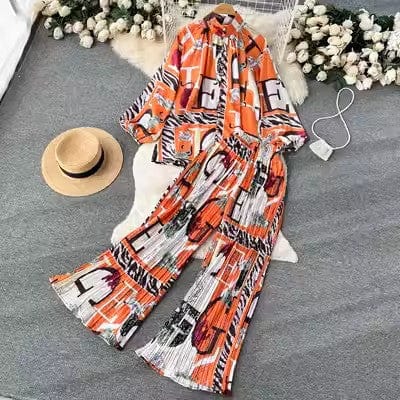 One size Fashion print set  lantern sleeve half high collar loose fitting shirt cardigan+wide leg pleated pants two-piece set