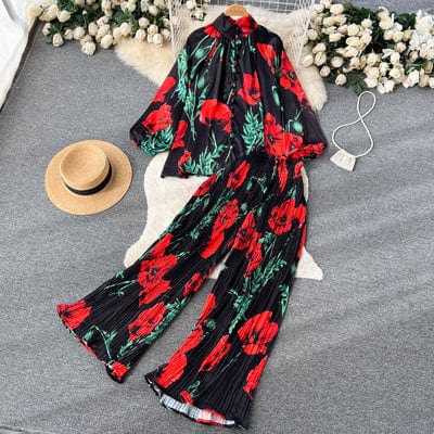 One size Fashion print set  lantern sleeve half high collar loose fitting shirt cardigan+wide leg pleated pants two-piece set